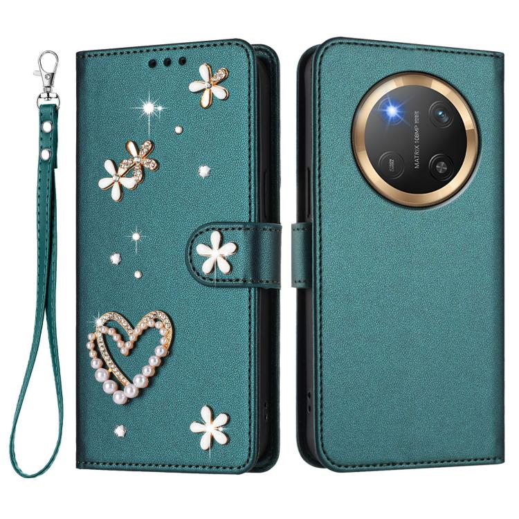 For Honor X9c 5G / Magic7 Lite 5G ZS01 Double-Layer Heart Floral Vegan Leather Phone Case with Wrist Strap