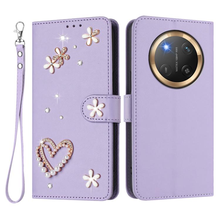 For Honor X9c 5G / Magic7 Lite 5G ZS01 Double-Layer Heart Floral Vegan Leather Phone Case with Wrist Strap