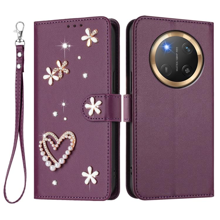 For Honor X9c 5G / Magic7 Lite 5G ZS01 Double-Layer Heart Floral Vegan Leather Phone Case with Wrist Strap