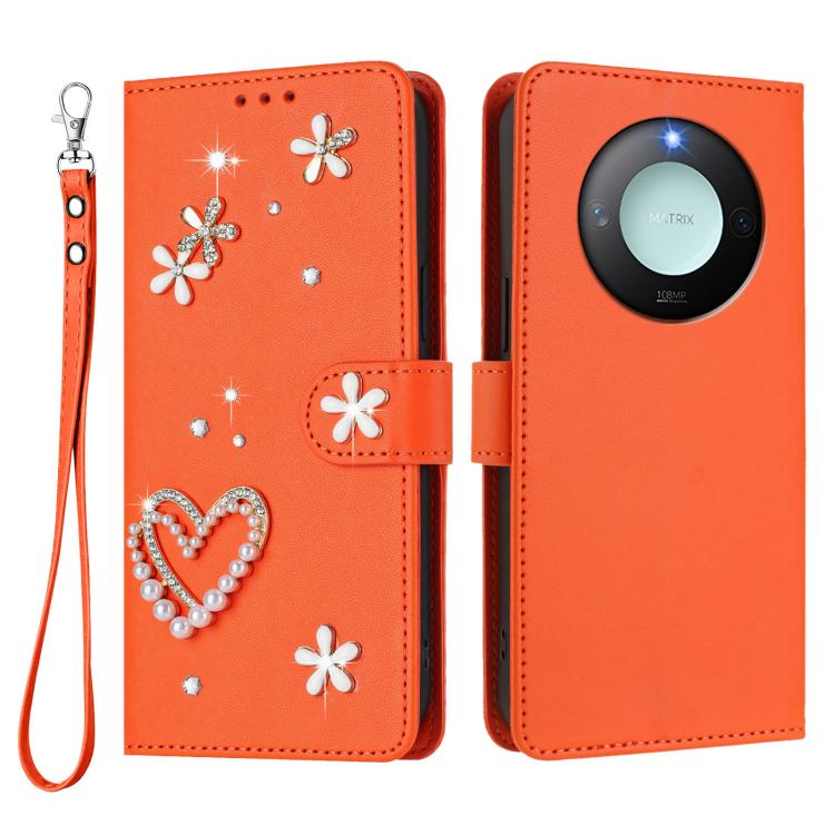 For Honor X9c Smart 5G Global ZS01 Double-Layer Heart Floral Vegan Leather Phone Case with Wrist Strap