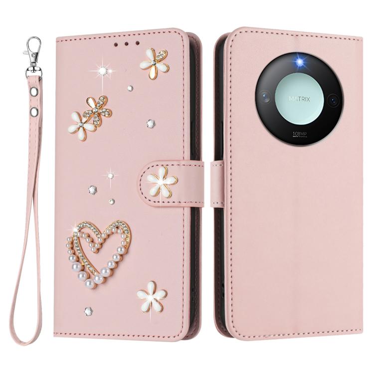 For Honor X9c Smart 5G Global ZS01 Double-Layer Heart Floral Vegan Leather Phone Case with Wrist Strap