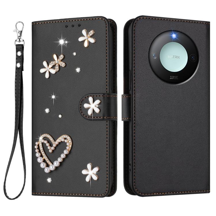 For Honor X9c Smart 5G Global ZS01 Double-Layer Heart Floral Vegan Leather Phone Case with Wrist Strap