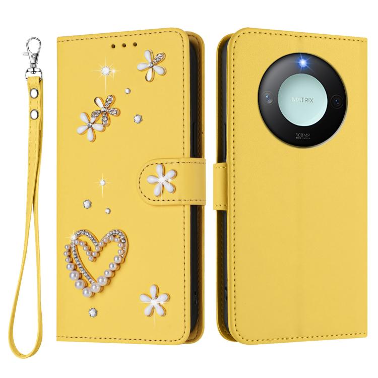 For Honor X9c Smart 5G Global ZS01 Double-Layer Heart Floral Vegan Leather Phone Case with Wrist Strap