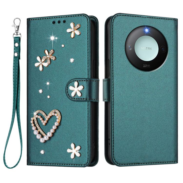 For Honor X9c Smart 5G Global ZS01 Double-Layer Heart Floral Vegan Leather Phone Case with Wrist Strap