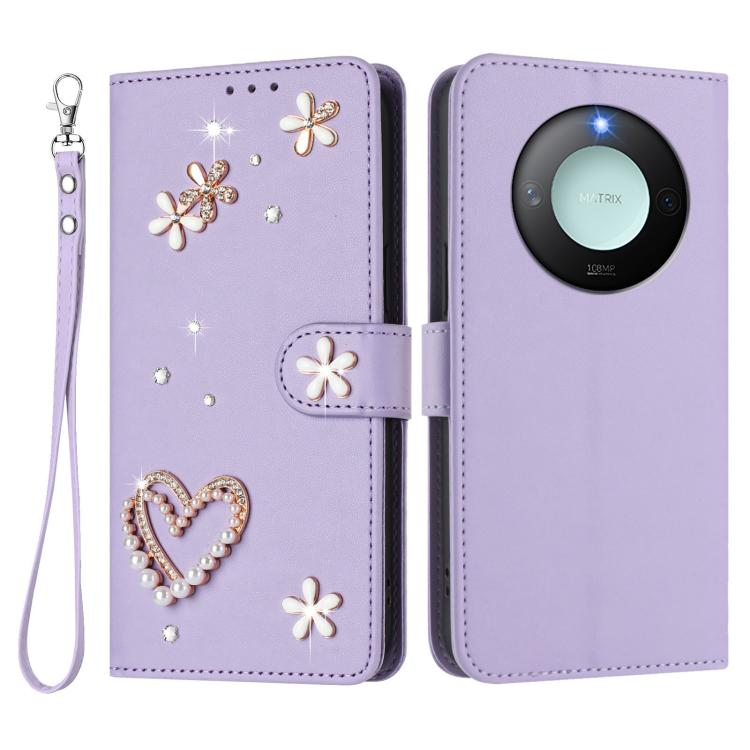 For Honor X9c Smart 5G Global ZS01 Double-Layer Heart Floral Vegan Leather Phone Case with Wrist Strap