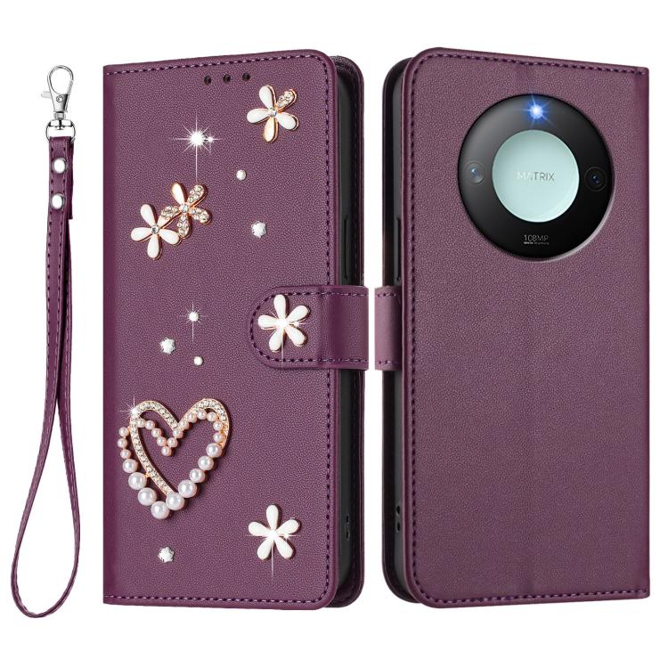 For Honor X9c Smart 5G Global ZS01 Double-Layer Heart Floral Vegan Leather Phone Case with Wrist Strap