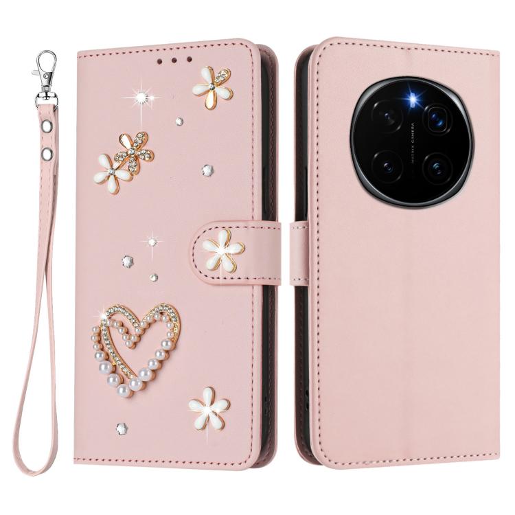 For Honor Magic7 Pro 5G ZS01 Double-Layer Heart Floral Vegan Leather Phone Case with Wrist Strap
