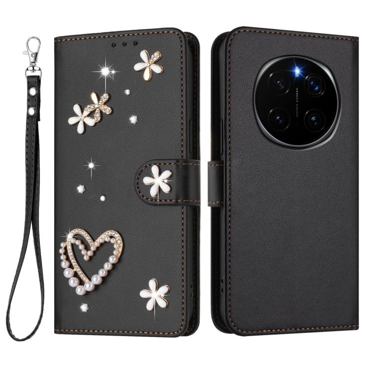 For Honor Magic7 Pro 5G ZS01 Double-Layer Heart Floral Vegan Leather Phone Case with Wrist Strap