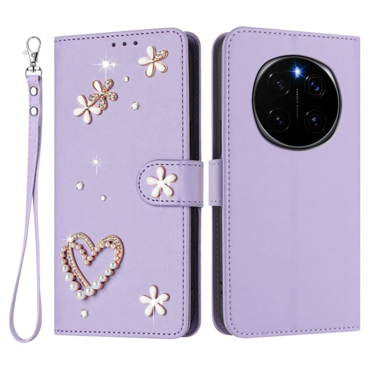 For Honor Magic7 Pro 5G ZS01 Double-Layer Heart Floral Vegan Leather Phone Case with Wrist Strap