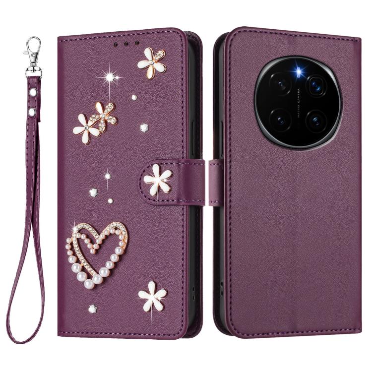 For Honor Magic7 Pro 5G ZS01 Double-Layer Heart Floral Vegan Leather Phone Case with Wrist Strap