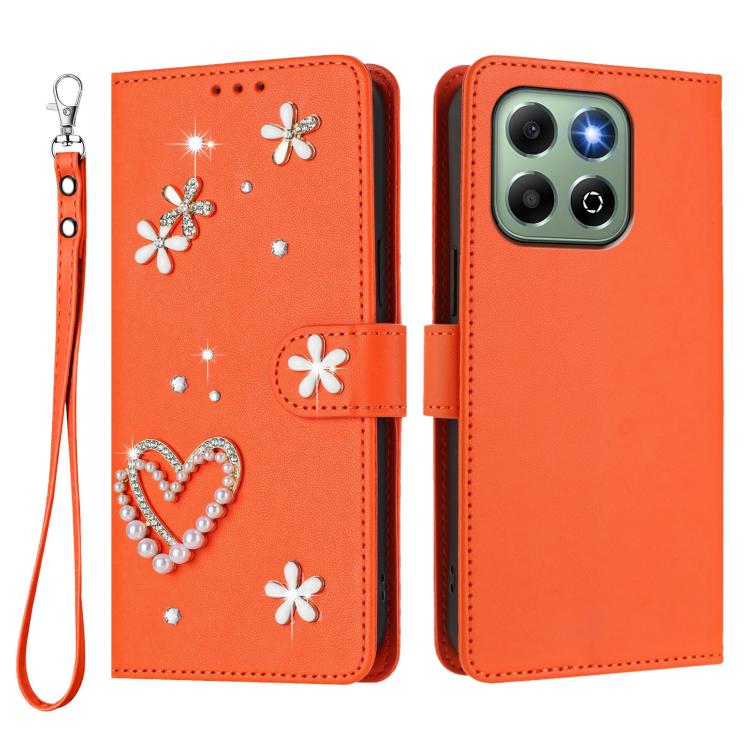 For Honor X6b 4G / X6a 4G ZS01 Double-Layer Heart Floral Vegan Leather Phone Case with Wrist Strap