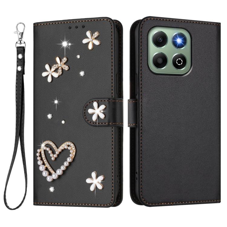 For Honor X6b 4G / X6a 4G ZS01 Double-Layer Heart Floral Vegan Leather Phone Case with Wrist Strap