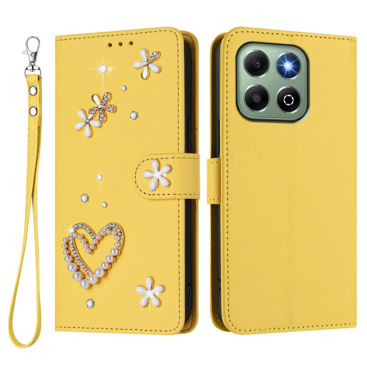 For Honor X6b 4G / X6a 4G ZS01 Double-Layer Heart Floral Vegan Leather Phone Case with Wrist Strap