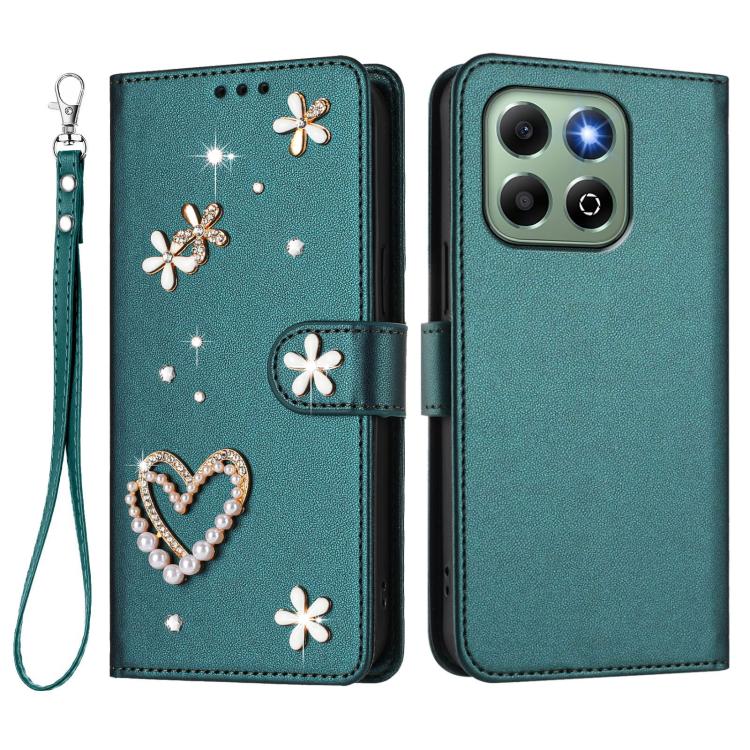 For Honor X6b 4G / X6a 4G ZS01 Double-Layer Heart Floral Vegan Leather Phone Case with Wrist Strap