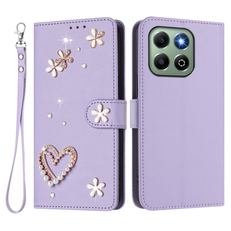 For Honor X6b 4G / X6a 4G ZS01 Double-Layer Heart Floral Vegan Leather Phone Case with Wrist Strap