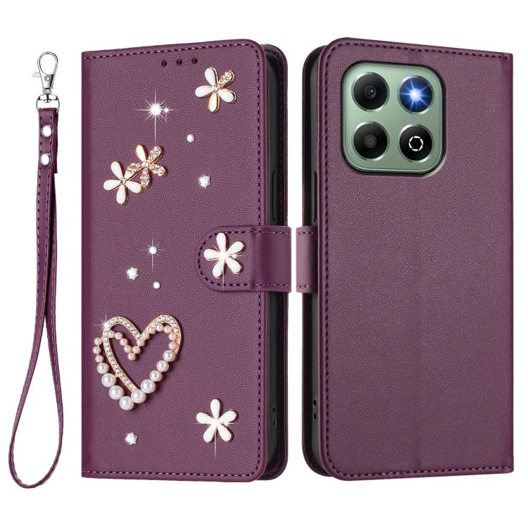 For Honor X6b 4G / X6a 4G ZS01 Double-Layer Heart Floral Vegan Leather Phone Case with Wrist Strap