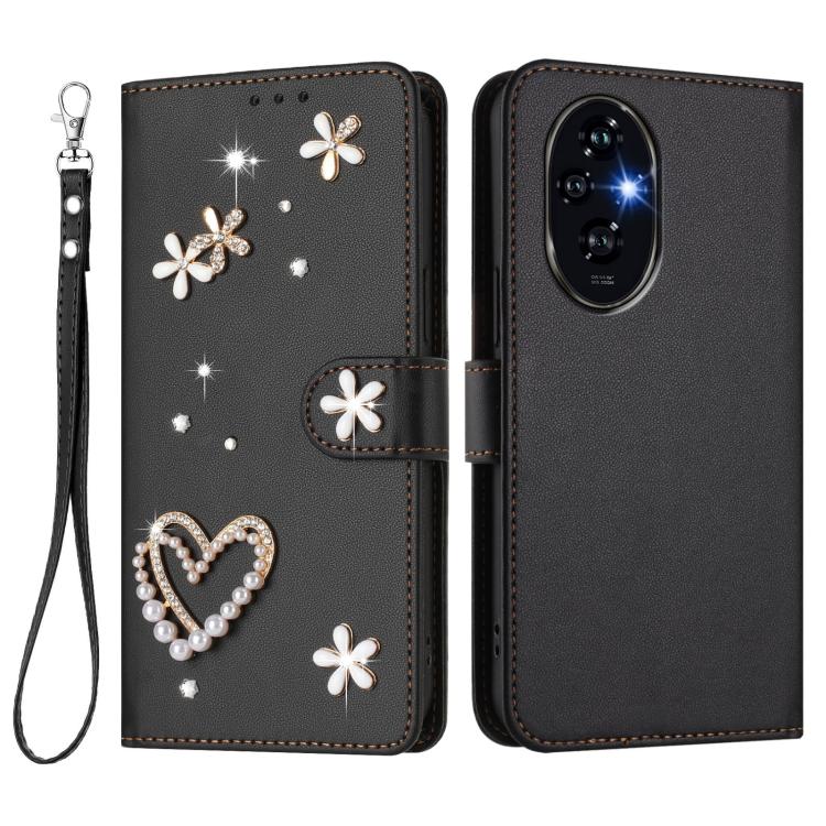 For Honor 200 5G Global ZS01 Double-Layer Heart Floral Vegan Leather Phone Case with Wrist Strap