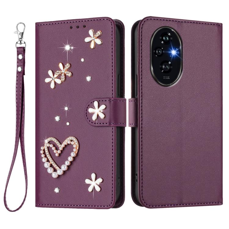 For Honor 200 5G Global ZS01 Double-Layer Heart Floral Vegan Leather Phone Case with Wrist Strap