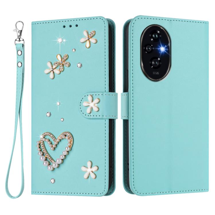 For Honor 200 Pro 5G Global ZS01 Double-Layer Heart Floral Vegan Leather Phone Case with Wrist Strap