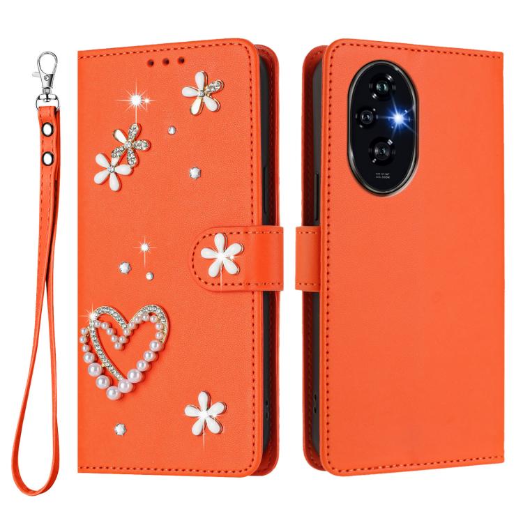 For Honor 200 Pro 5G Global ZS01 Double-Layer Heart Floral Vegan Leather Phone Case with Wrist Strap