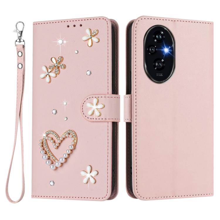 For Honor 200 Pro 5G Global ZS01 Double-Layer Heart Floral Vegan Leather Phone Case with Wrist Strap