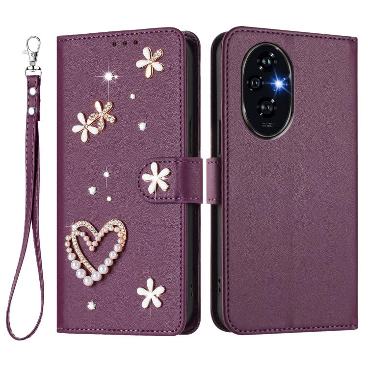 For Honor 200 Pro 5G Global ZS01 Double-Layer Heart Floral Vegan Leather Phone Case with Wrist Strap