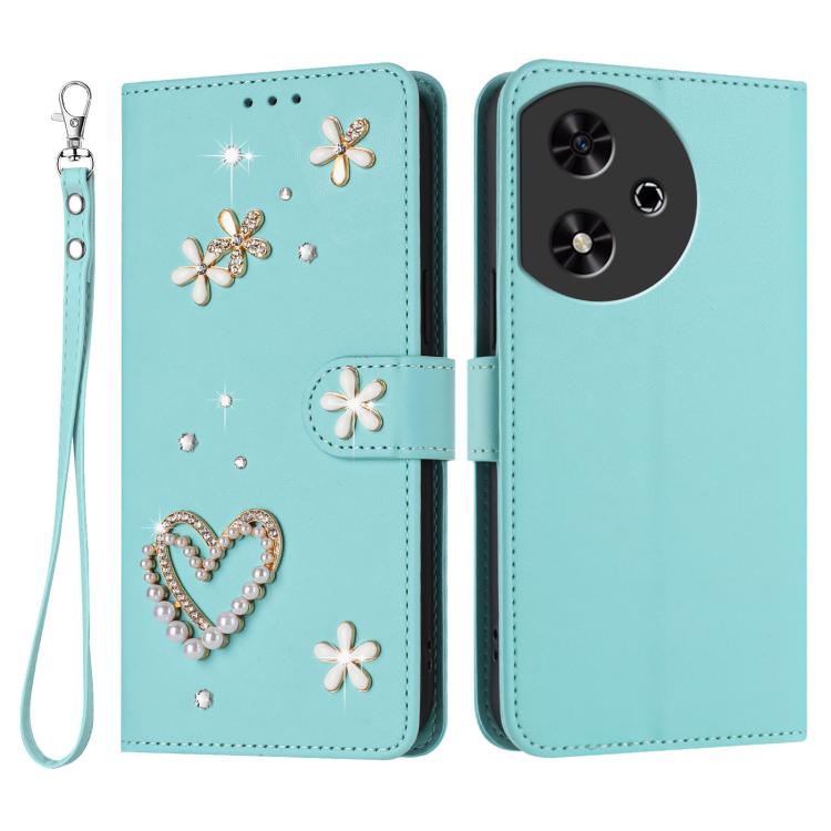 For Honor Play 50 ZS01 Double-Layer Heart Floral Vegan Leather Phone Case with Wrist Strap