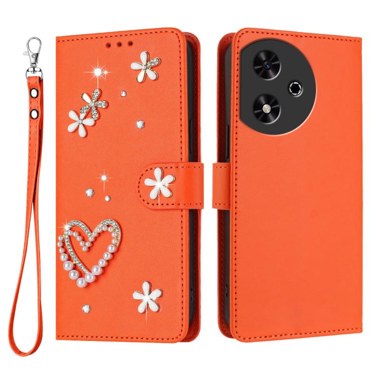 For Honor Play 50 ZS01 Double-Layer Heart Floral Vegan Leather Phone Case with Wrist Strap