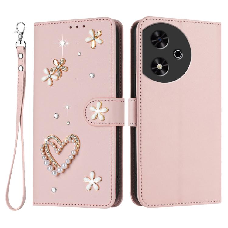 For Honor Play 50 ZS01 Double-Layer Heart Floral Vegan Leather Phone Case with Wrist Strap