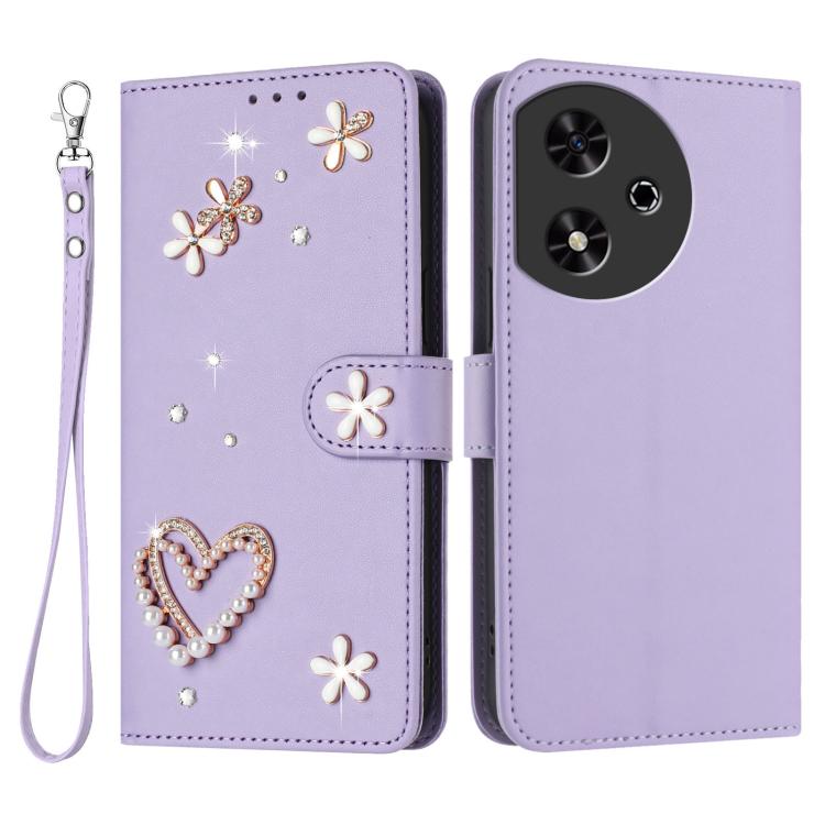 For Honor Play 50 ZS01 Double-Layer Heart Floral Vegan Leather Phone Case with Wrist Strap