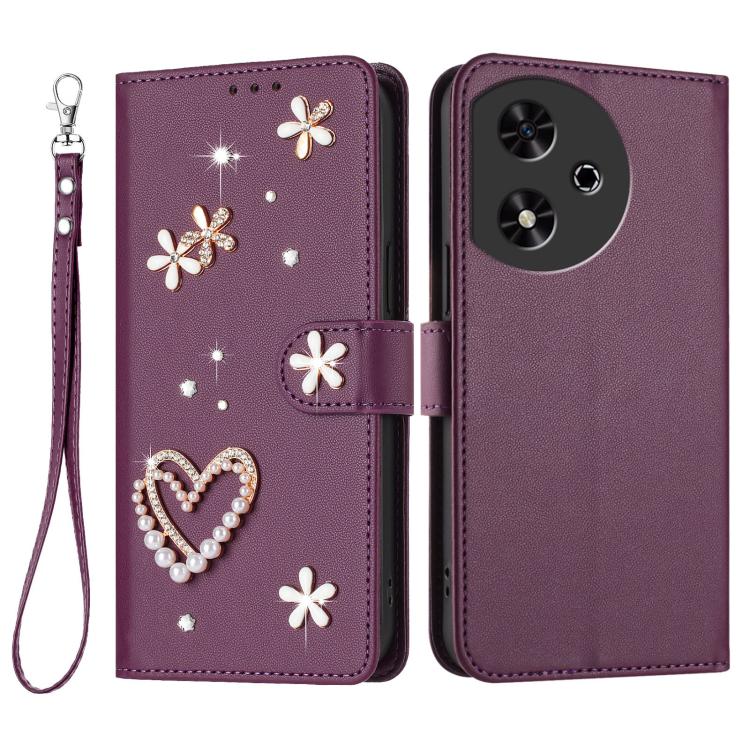 For Honor Play 50 ZS01 Double-Layer Heart Floral Vegan Leather Phone Case with Wrist Strap