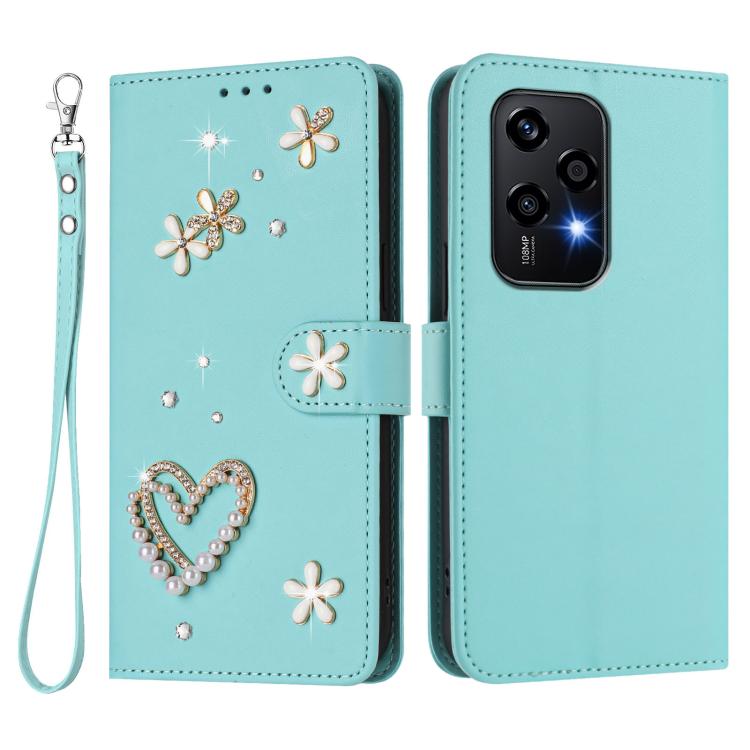 For Honor 200 Lite 5G Global ZS01 Double-Layer Heart Floral Vegan Leather Phone Case with Wrist Strap