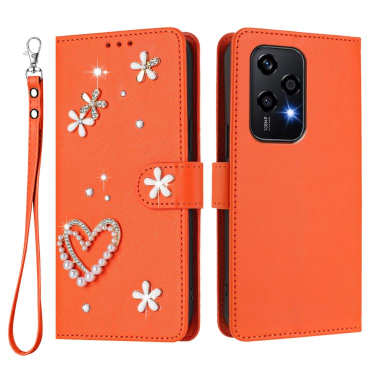 For Honor 200 Lite 5G Global ZS01 Double-Layer Heart Floral Vegan Leather Phone Case with Wrist Strap