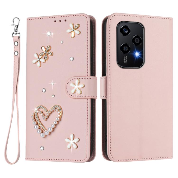 For Honor 200 Lite 5G Global ZS01 Double-Layer Heart Floral Vegan Leather Phone Case with Wrist Strap