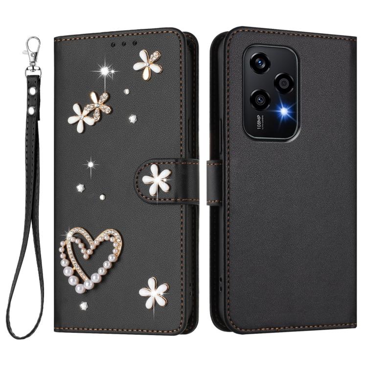 For Honor 200 Lite 5G Global ZS01 Double-Layer Heart Floral Vegan Leather Phone Case with Wrist Strap