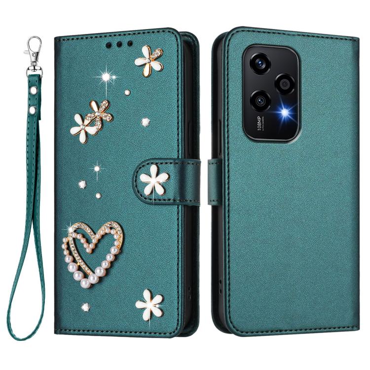 For Honor 200 Lite 5G Global ZS01 Double-Layer Heart Floral Vegan Leather Phone Case with Wrist Strap