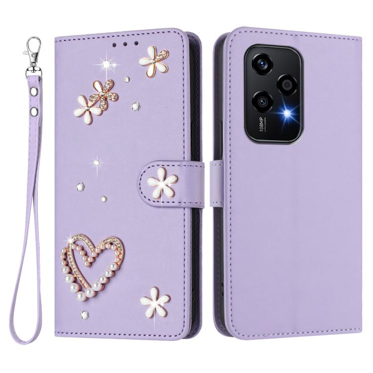 For Honor 200 Lite 5G Global ZS01 Double-Layer Heart Floral Vegan Leather Phone Case with Wrist Strap