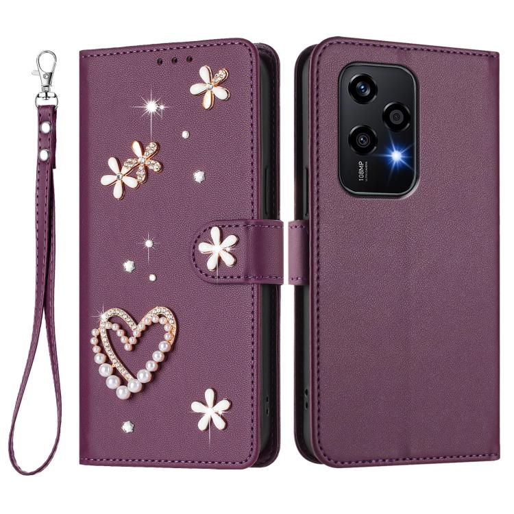 For Honor 200 Lite 5G Global ZS01 Double-Layer Heart Floral Vegan Leather Phone Case with Wrist Strap