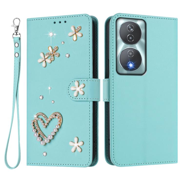 For Honor 90 Smart 5G / X7b 5G / X7b 4G ZS01 Double-Layer Heart Floral Vegan Leather Phone Case with Wrist Strap