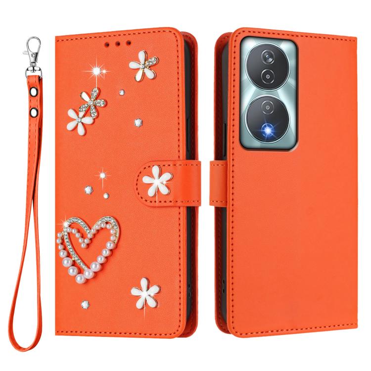 For Honor 90 Smart 5G / X7b 5G / X7b 4G ZS01 Double-Layer Heart Floral Vegan Leather Phone Case with Wrist Strap