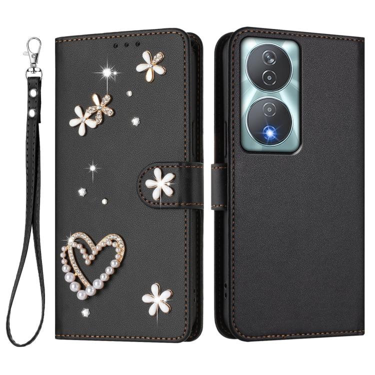 For Honor 90 Smart 5G / X7b 5G / X7b 4G ZS01 Double-Layer Heart Floral Vegan Leather Phone Case with Wrist Strap