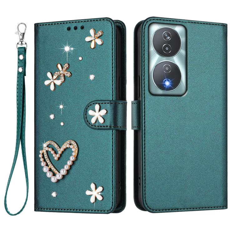For Honor 90 Smart 5G / X7b 5G / X7b 4G ZS01 Double-Layer Heart Floral Vegan Leather Phone Case with Wrist Strap