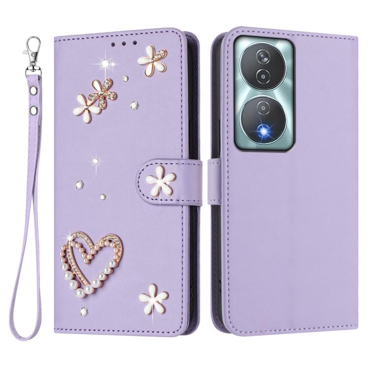 For Honor 90 Smart 5G / X7b 5G / X7b 4G ZS01 Double-Layer Heart Floral Vegan Leather Phone Case with Wrist Strap