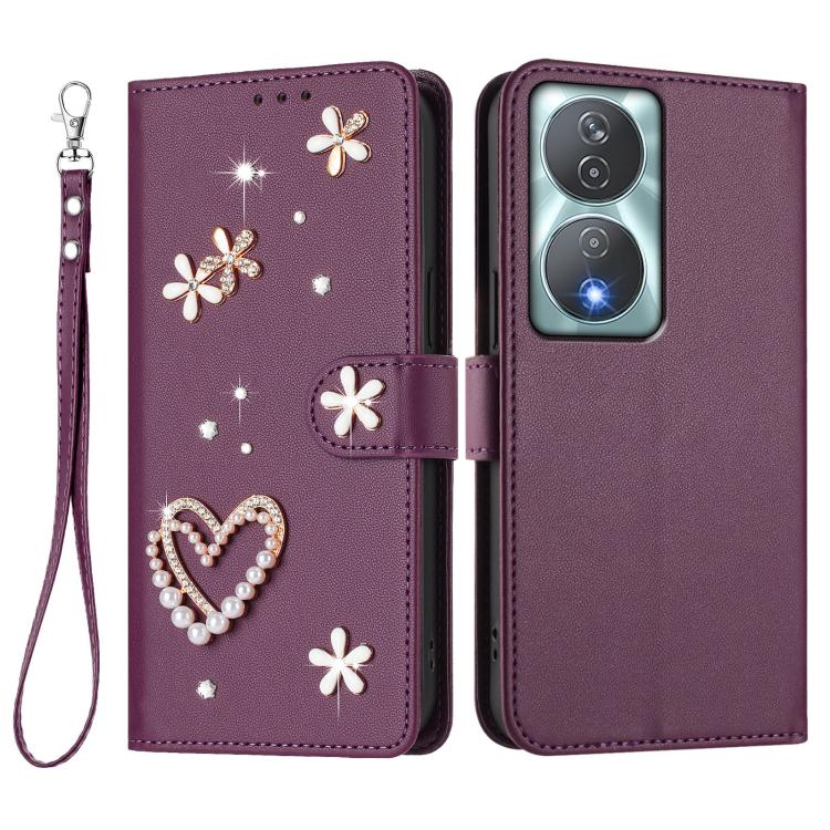 For Honor 90 Smart 5G / X7b 5G / X7b 4G ZS01 Double-Layer Heart Floral Vegan Leather Phone Case with Wrist Strap