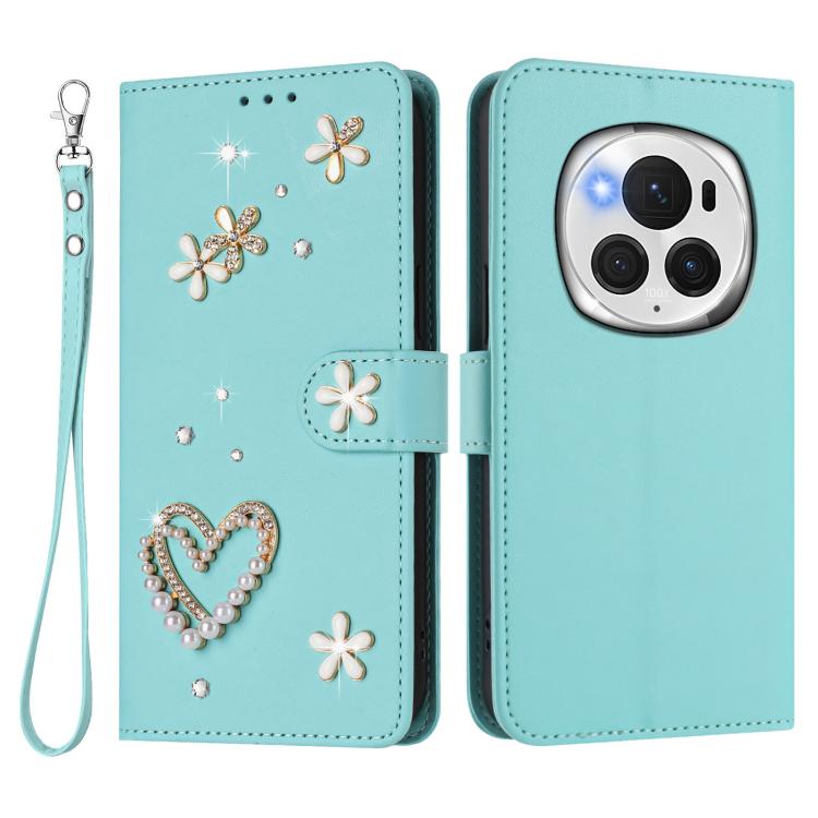 For Honor Magic6 Pro 5G ZS01 Double-Layer Heart Floral Vegan Leather Phone Case with Wrist Strap