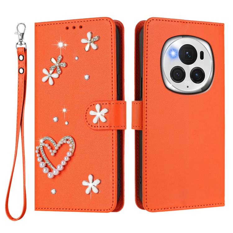 For Honor Magic6 Pro 5G ZS01 Double-Layer Heart Floral Vegan Leather Phone Case with Wrist Strap