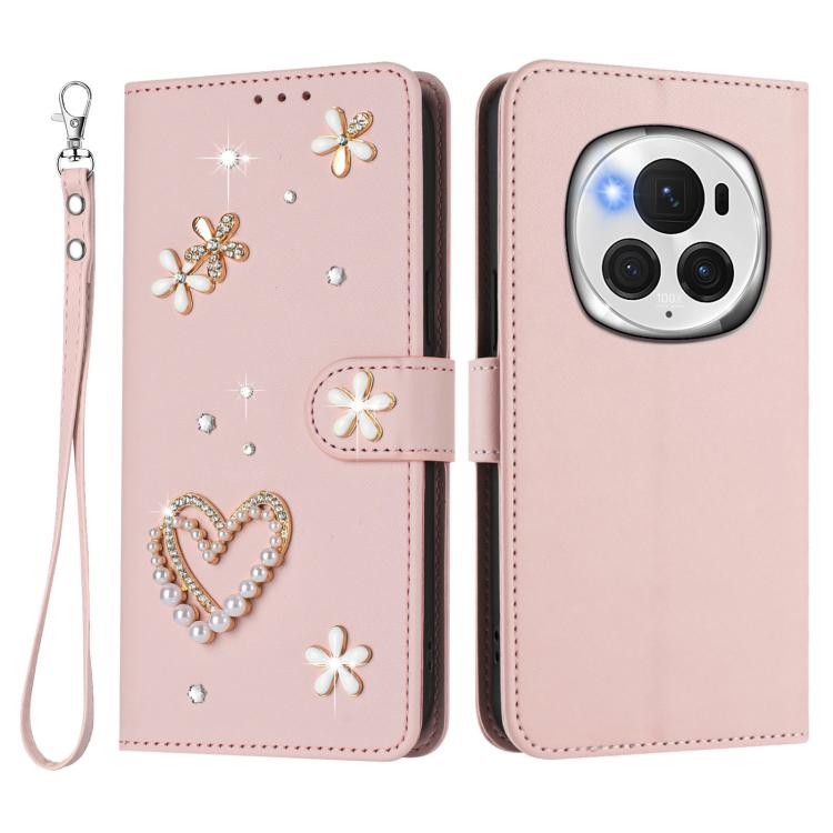 For Honor Magic6 Pro 5G ZS01 Double-Layer Heart Floral Vegan Leather Phone Case with Wrist Strap