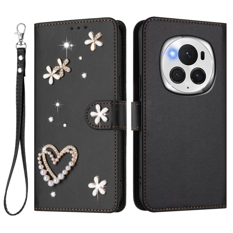 For Honor Magic6 Pro 5G ZS01 Double-Layer Heart Floral Vegan Leather Phone Case with Wrist Strap