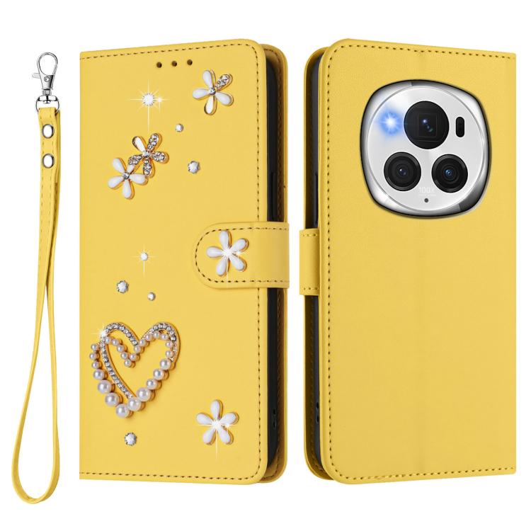For Honor Magic6 Pro 5G ZS01 Double-Layer Heart Floral Vegan Leather Phone Case with Wrist Strap