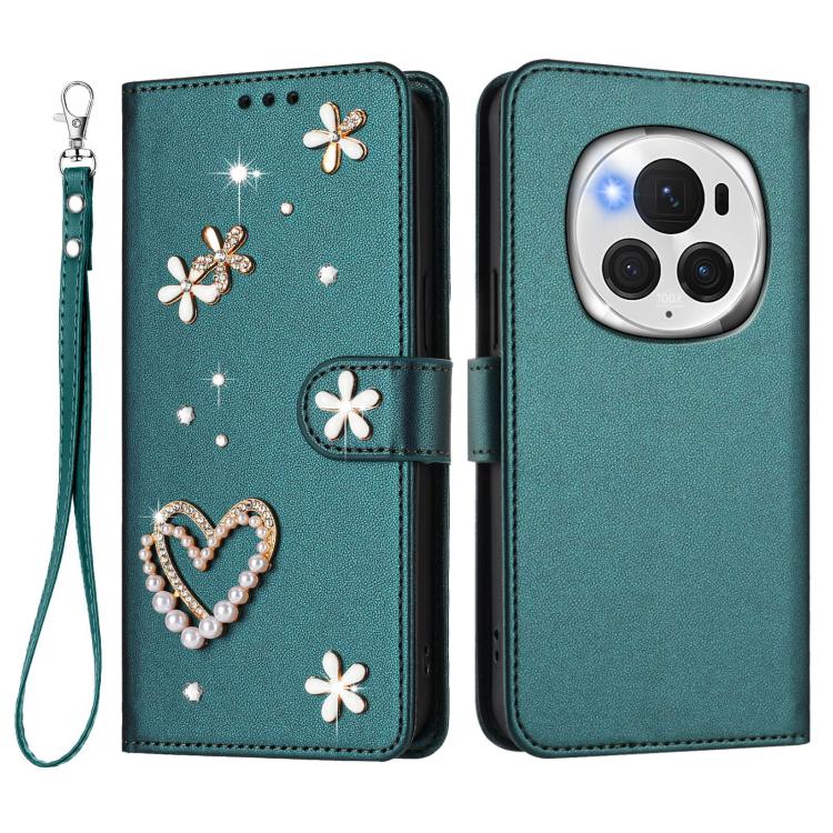 For Honor Magic6 Pro 5G ZS01 Double-Layer Heart Floral Vegan Leather Phone Case with Wrist Strap
